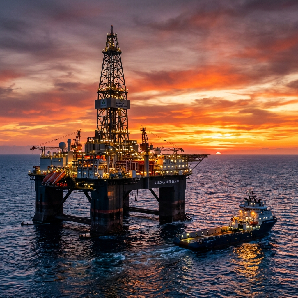 Offshore oil rig at sunset